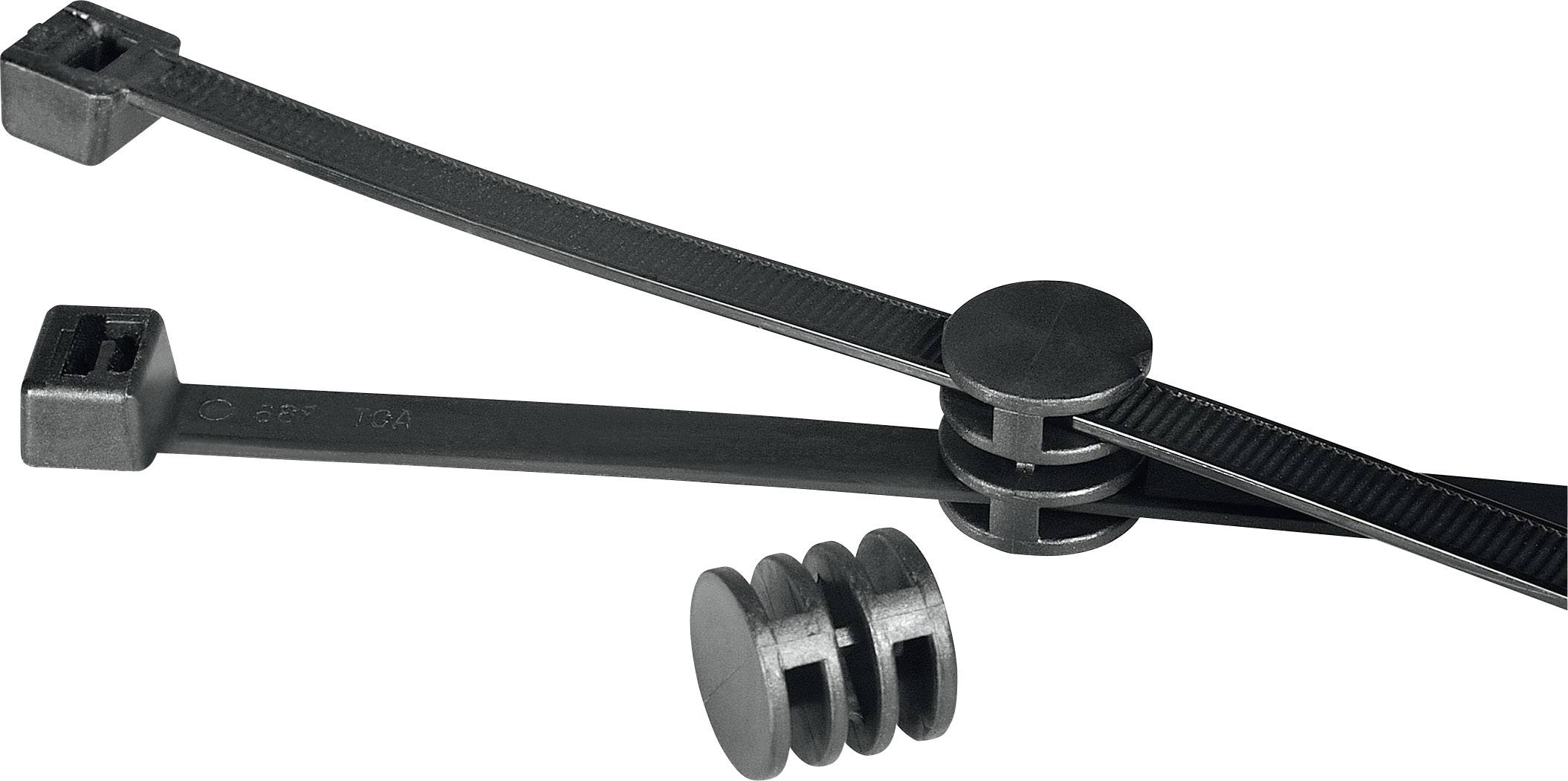 Two black cable ties with buckles, one flat, the other curved, are lying on a white background. Next to them are two cylindrical parts.