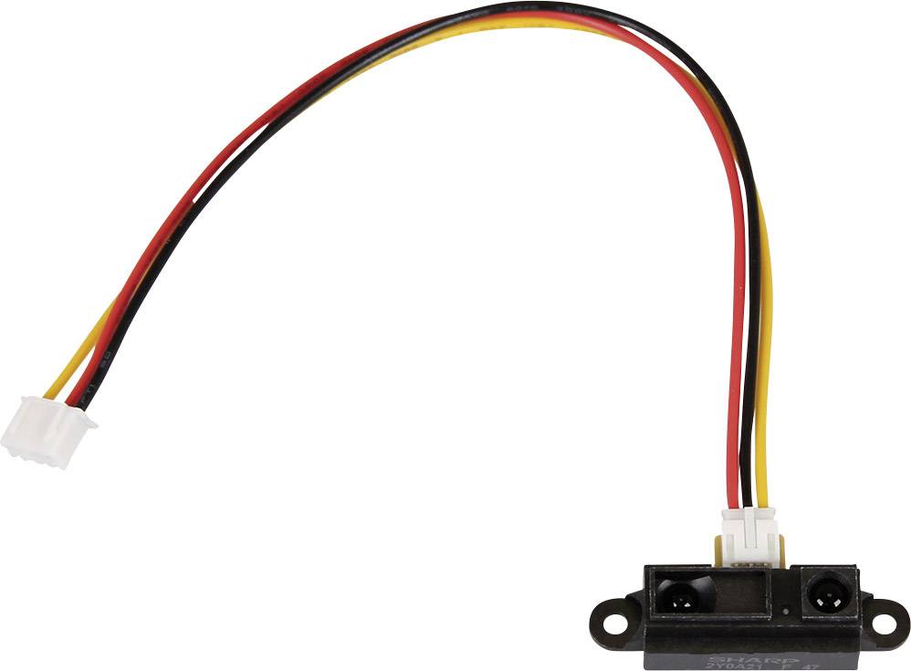 An infrared distance sensor with three cables in black, red, and yellow, terminating in a white connector.