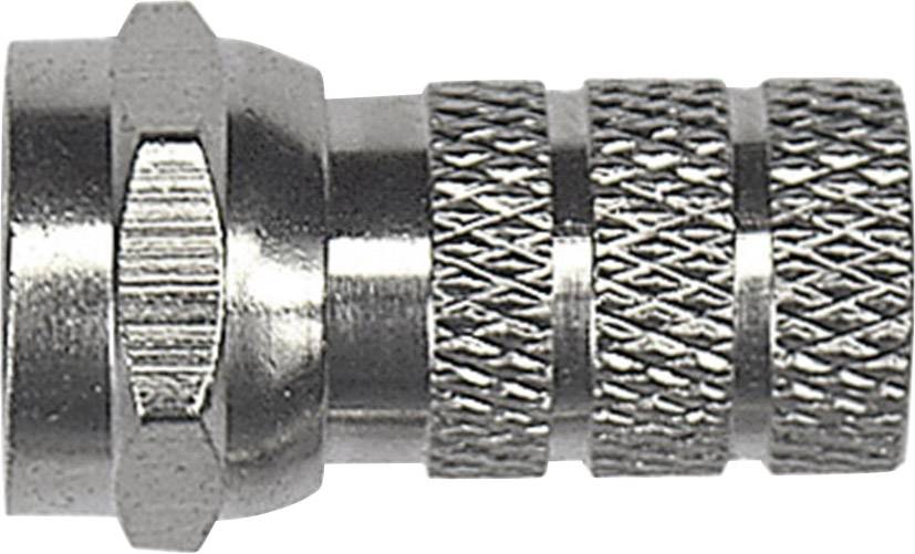 Metal connector with a ridged surface and hexagonal nut, commonly used for antenna or cable connections.