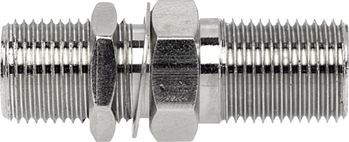 Metallic double nipple connecting adapter with threads on both ends, suitable for connecting pipes or hoses.