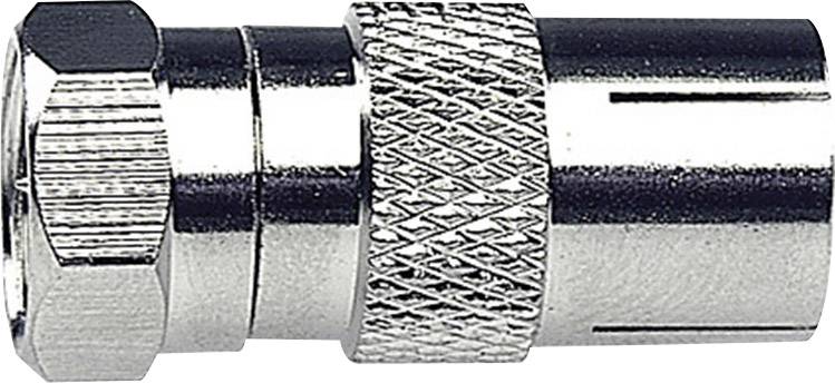 A silver coaxial plug with a knurled grip and hexagonal end, typical for connecting cables in televisions and other electronic devices.