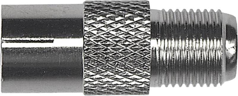 A silver metal adapter with a ribbed surface and threading on one side.