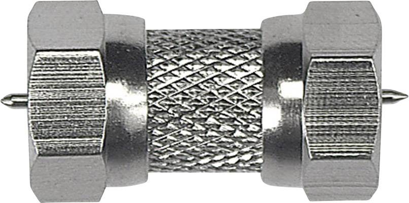 Metallic, cylindrical coaxial adapter with ribbed central surface and hexagonal ends.