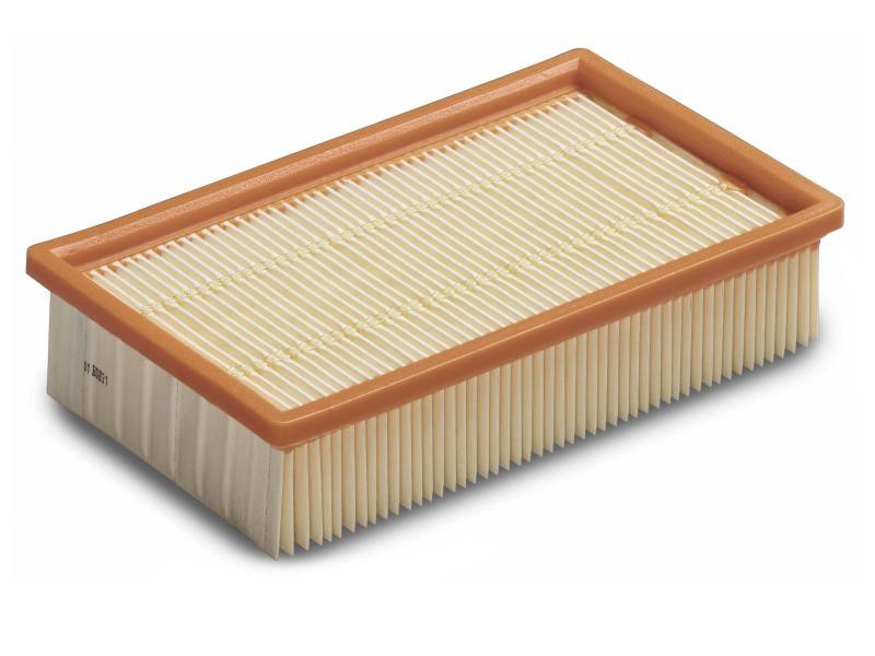 Rectangular air filter with pleated paper and brown frame, used for air purification in vehicle engines.Translation to British English:Rectangular air filter with pleated paper and brown frame, used for air filtration in vehicle engines.