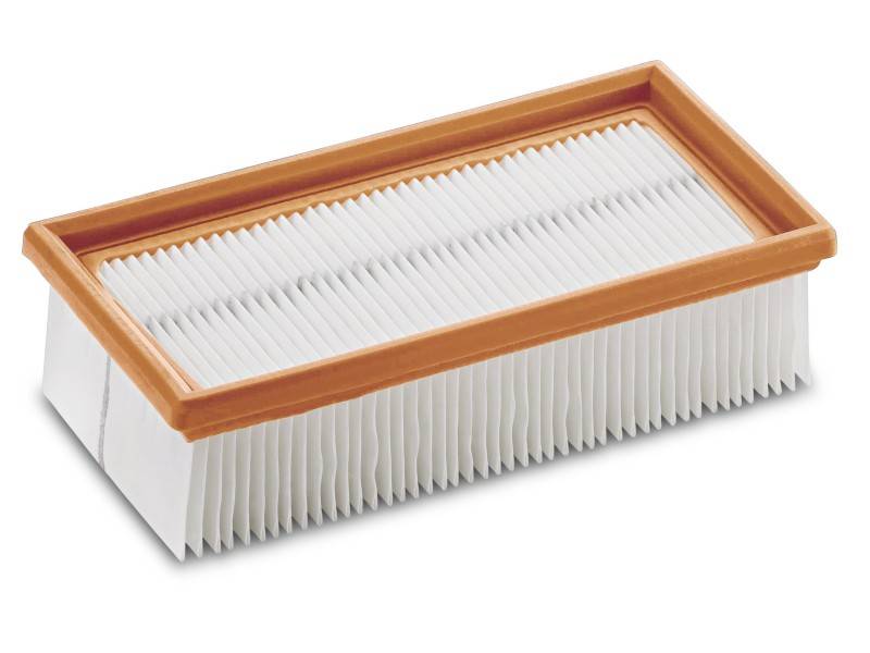 Rectangular air filter with an orange border and white vanes, viewed from a slightly angled perspective.