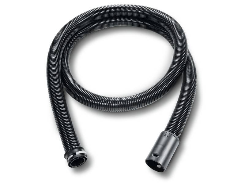 A black vacuum cleaner hose with a ribbed design and connections at both ends is pictured against a white background.
