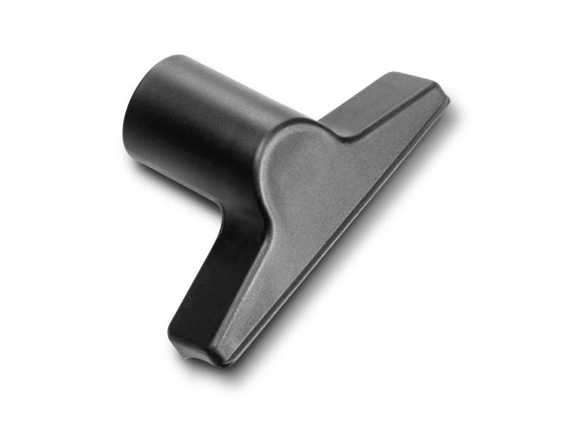 Black and grey vacuum cleaner nozzle with a wide opening, suitable for upholstery cleaning. Rounded edges for safe use.