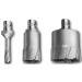 Three different drill heads in varying sizes and shapes made of metal, standing side by side against a white background.