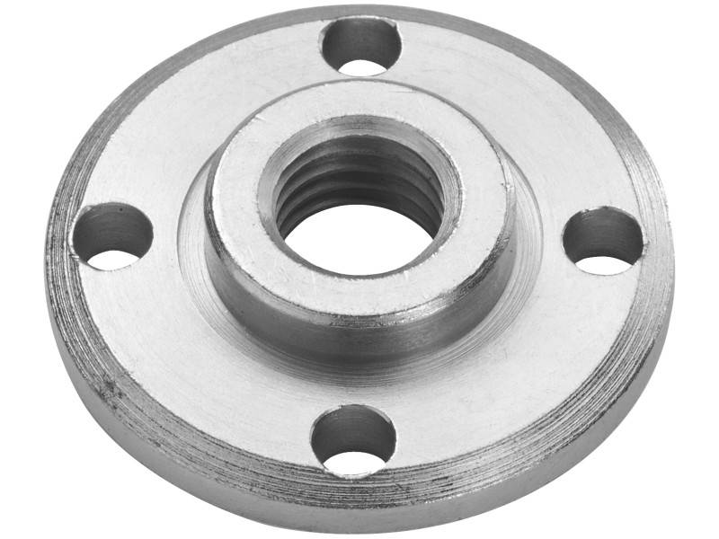 Metal disc with a central thread and four symmetrical holes, likely part of a mechanical connection system.