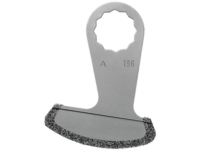 Metal saw blade with serrated edge for attachment to a multi-functional tool. Suitable for precise cuts in metals and plastics.