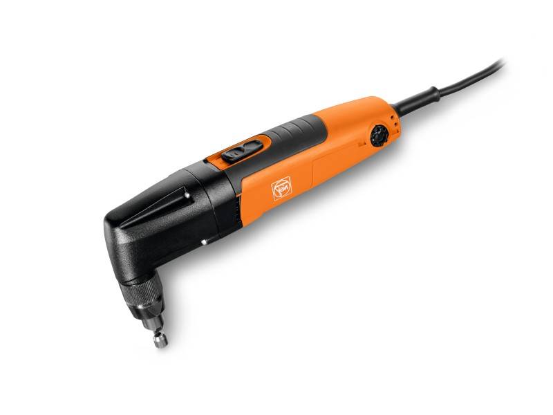 An electric, yellow-orange angle grinder with a black handle and power cable, photographed from the side view.