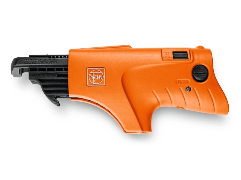 Orange Fein tool belt device, side view. Used for powerfully driving nails into concrete or steel.
