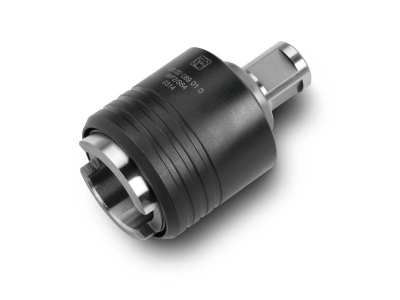 A cylindrical metal component with a black and silver finish. It has a serrated edge and engraved serial numbers.