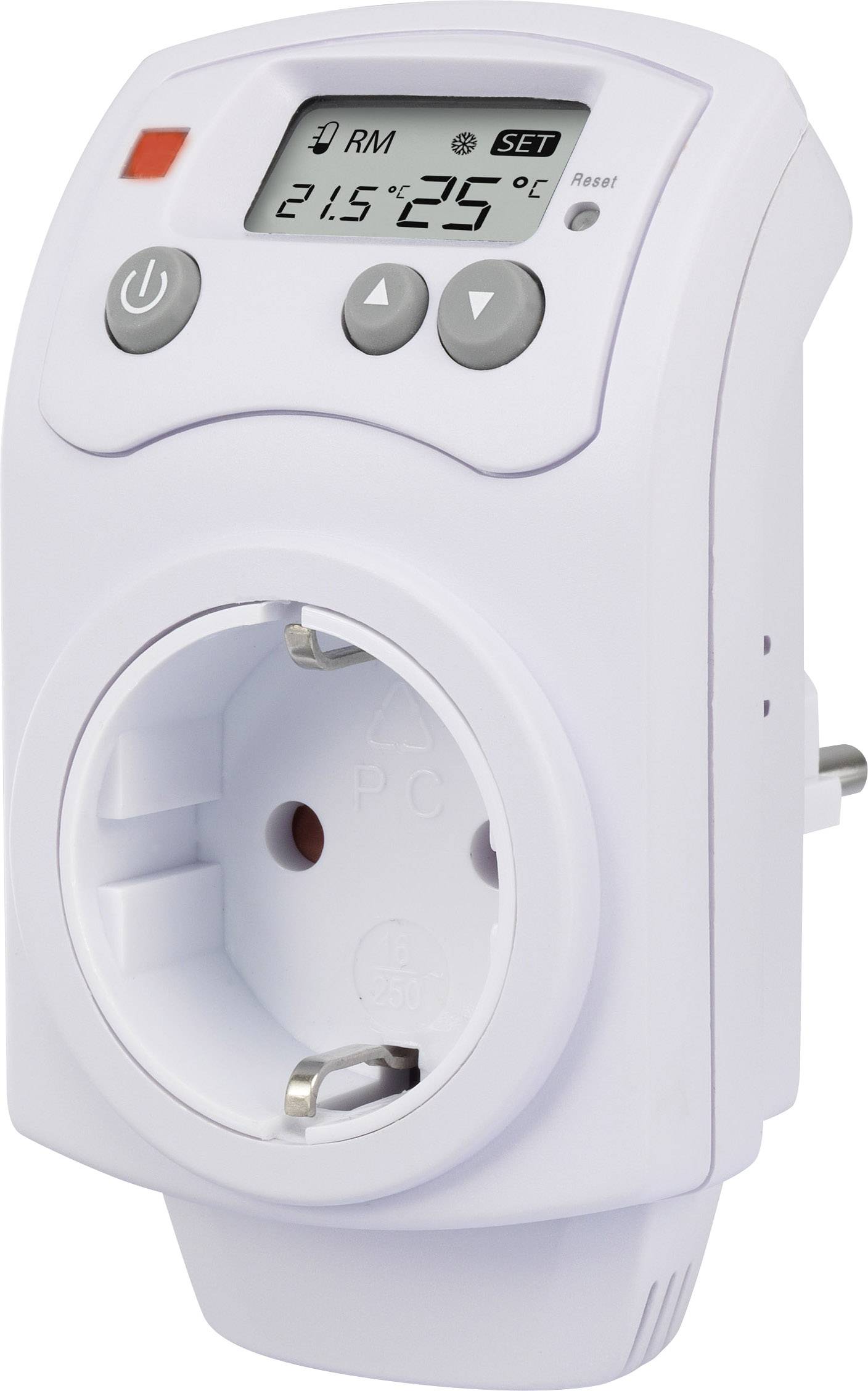 A digital socket timer with an LCD display showing '21.5°C'. Two buttons beneath for temperature adjustment, with a side mains plug.