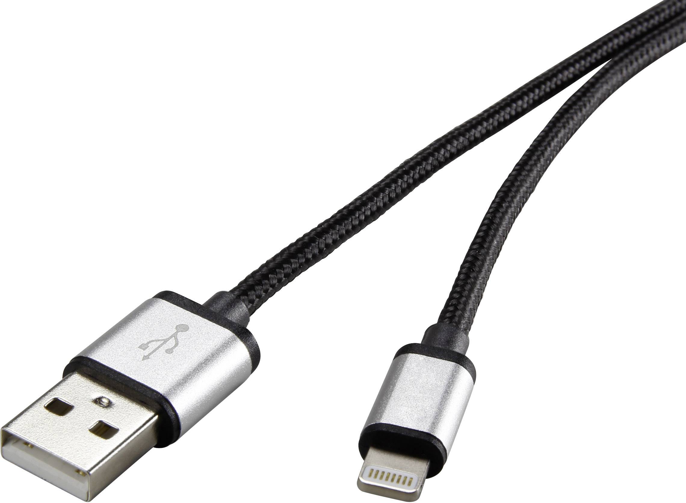 A black USB cable with a silver metal casing and a USB plug at one end and a Lightning plug at the other end.