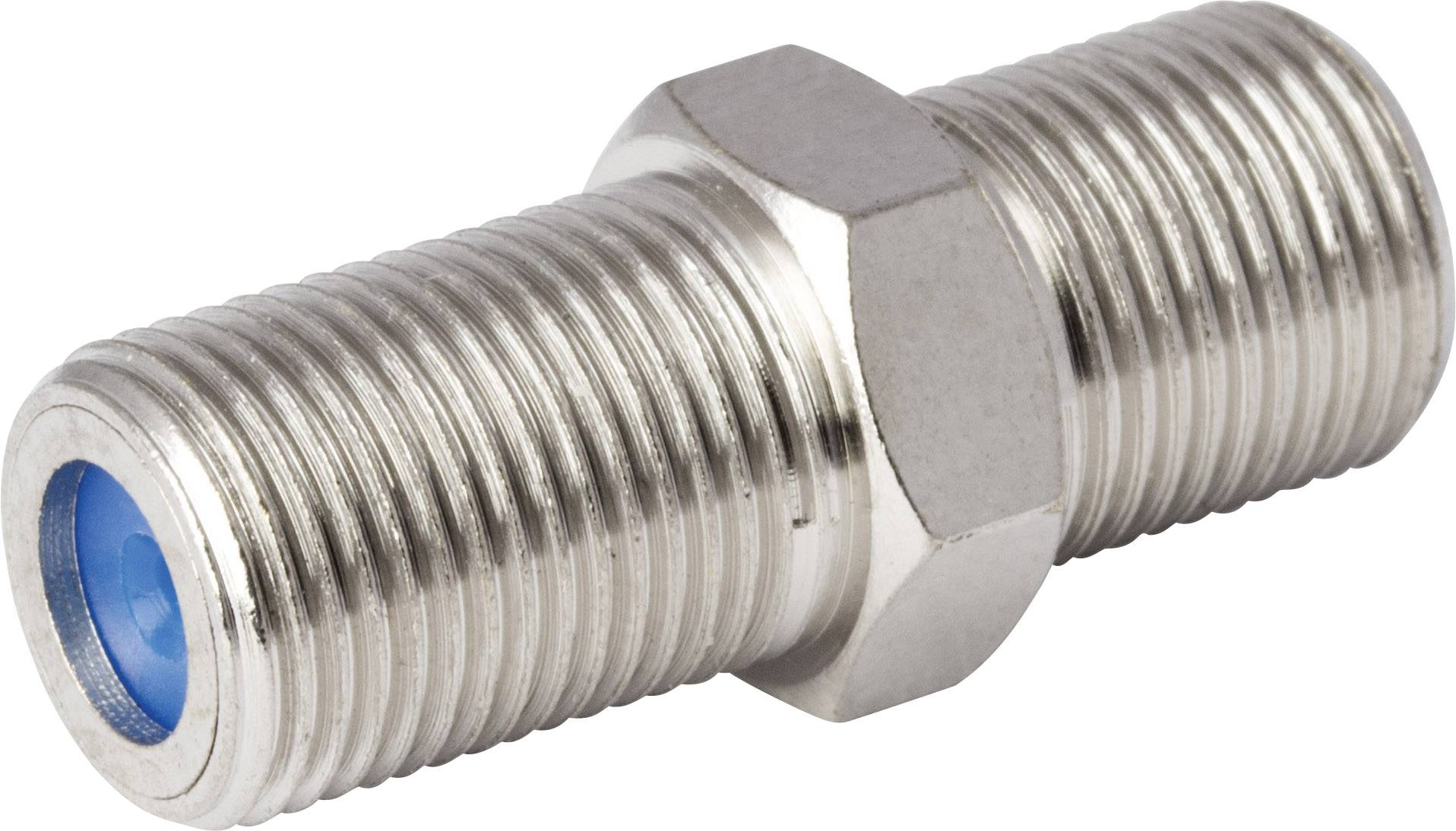 Metal adapter with external thread and blue internal coating. Connects two cables or pipes.