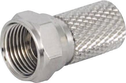 A silver coaxial plug with threading, viewed in profile, shows the ribbed surface used for cable connections.