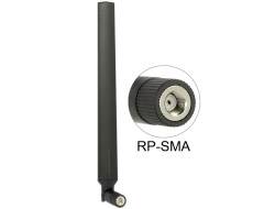 A black antenna with an RP-SMA connector is shown. A close-up of the connector is depicted to the right.