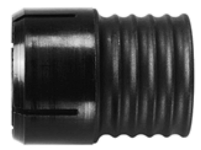 Black plastic component with thread and rounded edges, side view, for mechanical or electronic applications.