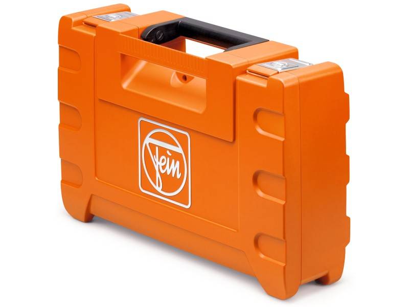 An orange plastic suitcase with a black handle, featuring the logo of a tool brand.