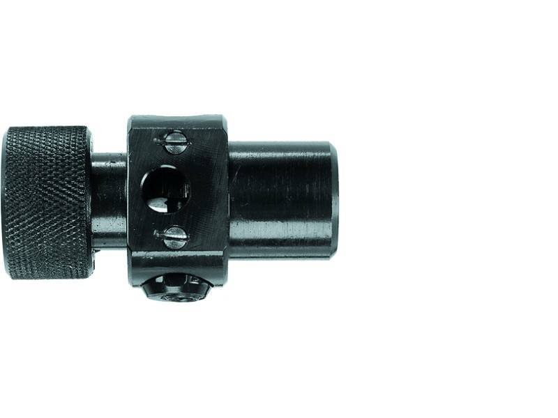 A metal tool component consisting of a cylindrical steel pin with a knurled handle and screw fastening on the left side.
