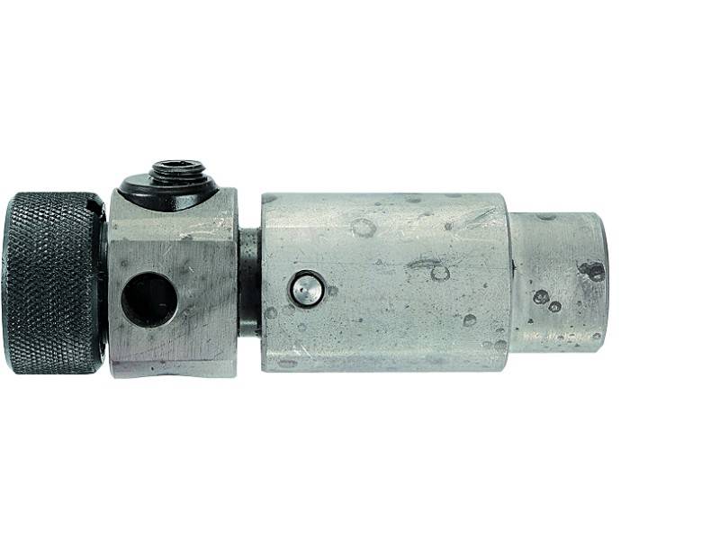Metallic cylinder with screw valve and knurled handle, likely part of a hydraulic system or machine component.