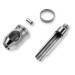 Silver mechanical parts on a white background: a cylindrical component, a small pin, and a ring.