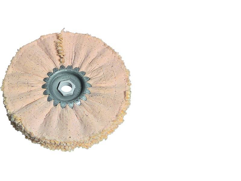 A polishing attachment made of fabric discs with a metal hub. Used for smoothing or polishing materials.