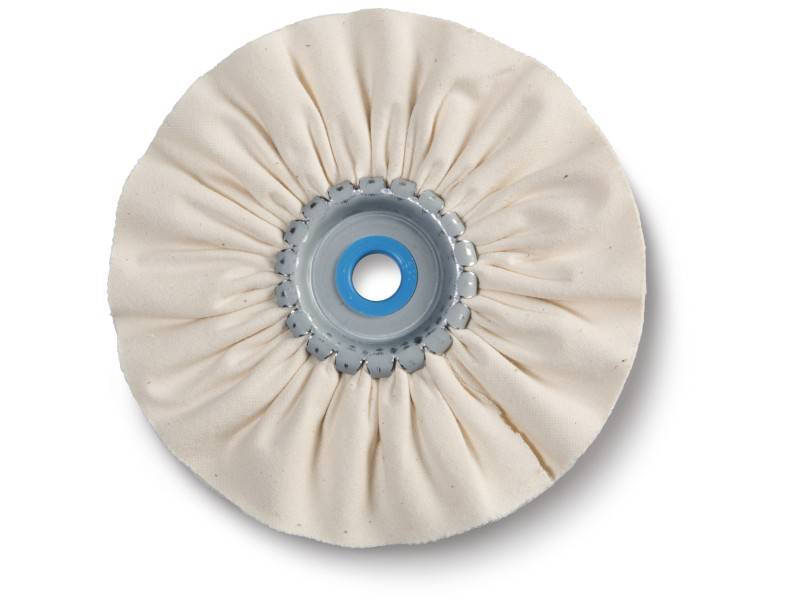 A white, round polishing pad with a blue centre. It has evenly folded edges that resemble petals.