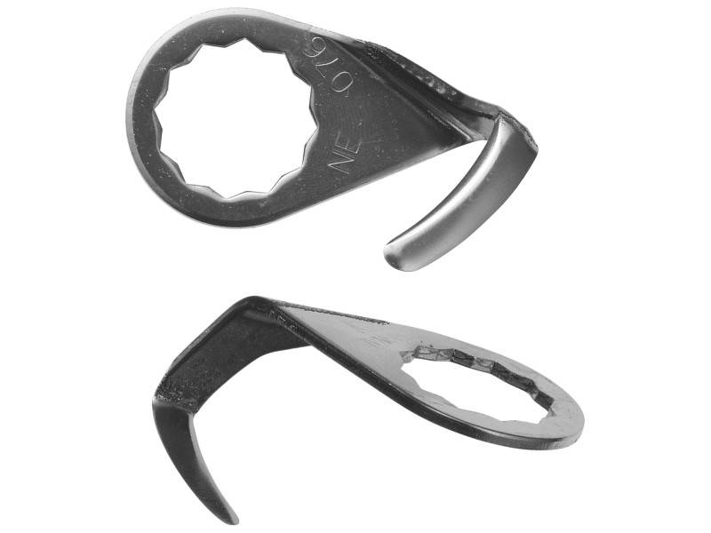 Two metallic bottle openers with serrated edges. The top one shows the operating side, the bottom one the underside of the opener.