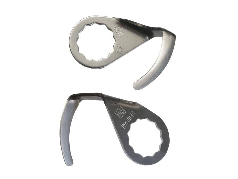 Two silver metal parts with serrated holes, likely bottle openers, are lying side by side on a white background.