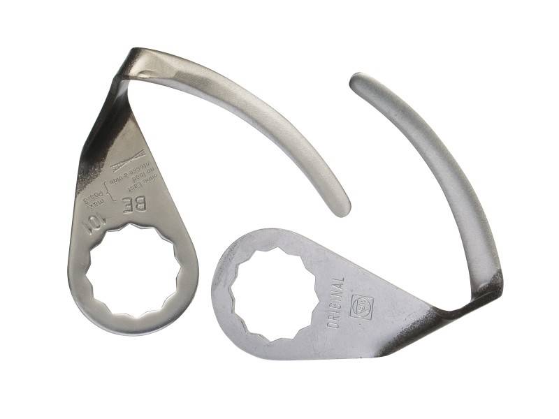 Two metal spanners with ring-shaped ends, used for loosening round nuts or bolts.