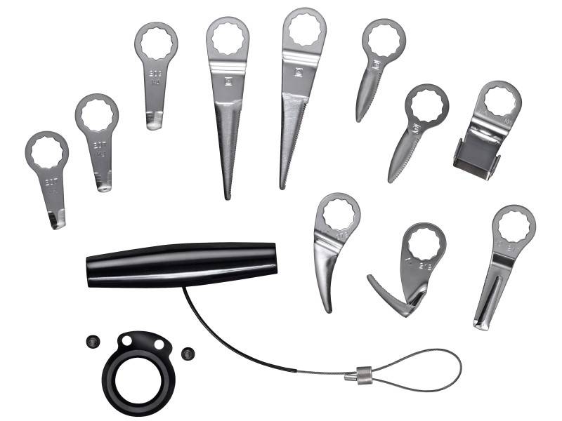 A dental cleaner set with various metal attachments and a handle. Contains tools for different dental cleaning tasks.
