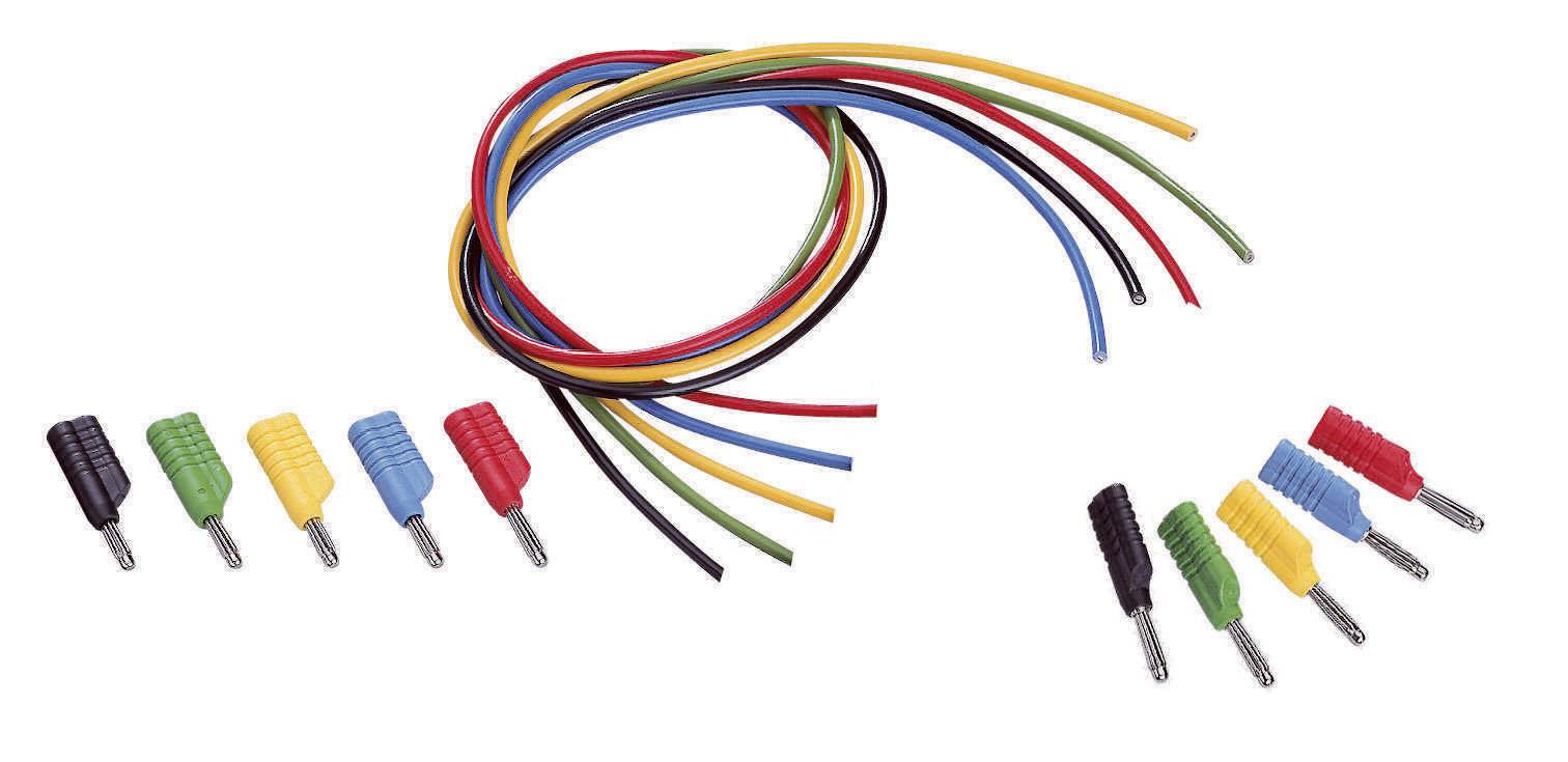 Multicoloured cables and matching connectors in blue, yellow, red, green, and black, suitable for electrical DIY projects.