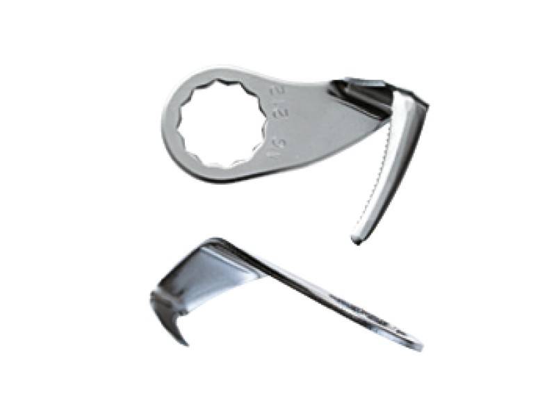Two silver bottle openers, one with a serrated edge, the other flat. They are lying side by side on a white background.