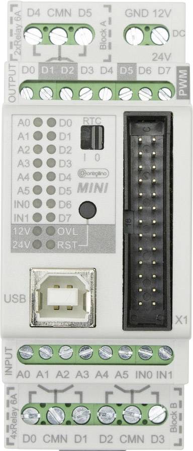 An electrical control unit with connections and USB port. Labels: 'D0-D13', 'A0-A5', 'GND', '12V', 'OVL', 'RST'.