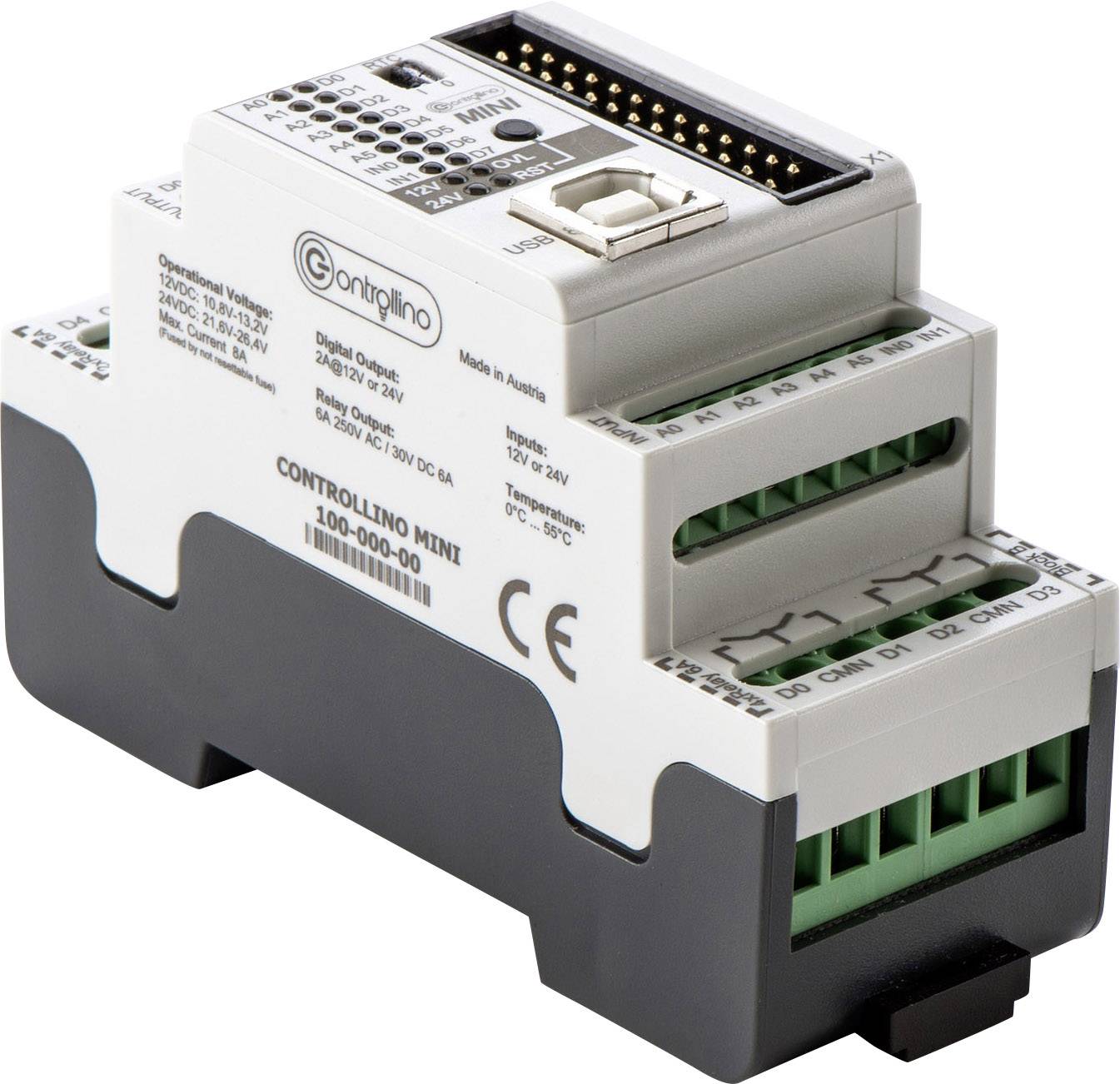 Programmable Logic Controller (PLC) on DIN rail for panel mounting, with USB and Ethernet connections and multiple terminals.