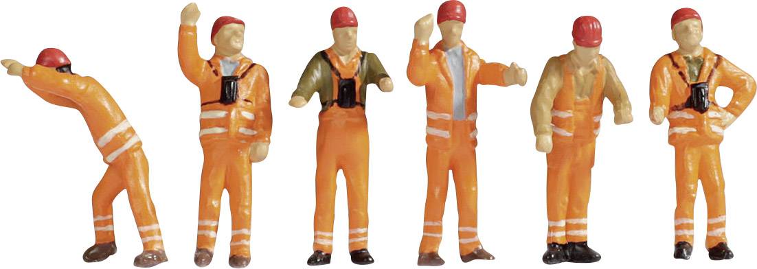 Six miniature figures in orange overalls and red hard hats demonstrate various poses.