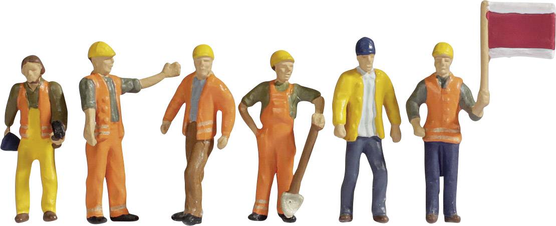 Several miniature figures of construction workers in orange workwear and yellow hard hats stand in a row. One worker is holding a flag.