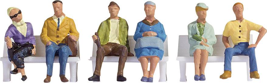 Miniature figures sit in a row on two benches. Different clothing styles and postures are depicted.