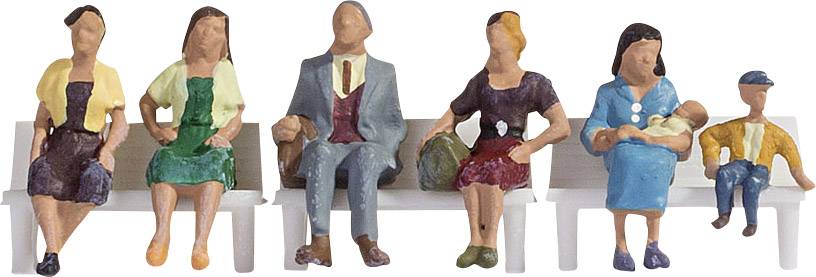 Six colourful miniature figures are sitting on a white bench. Figures of different ages; a mother is holding a baby.