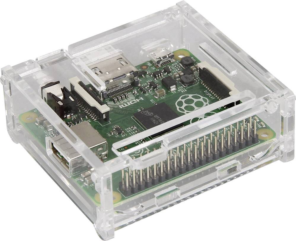 A Raspberry Pi in a transparent case with visible ports and components, sitting on a white background.