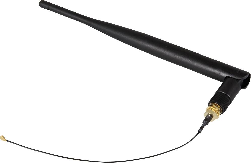 A black, angled antenna with a golden connector and thin cable, likely for radio or Wi-Fi devices.
