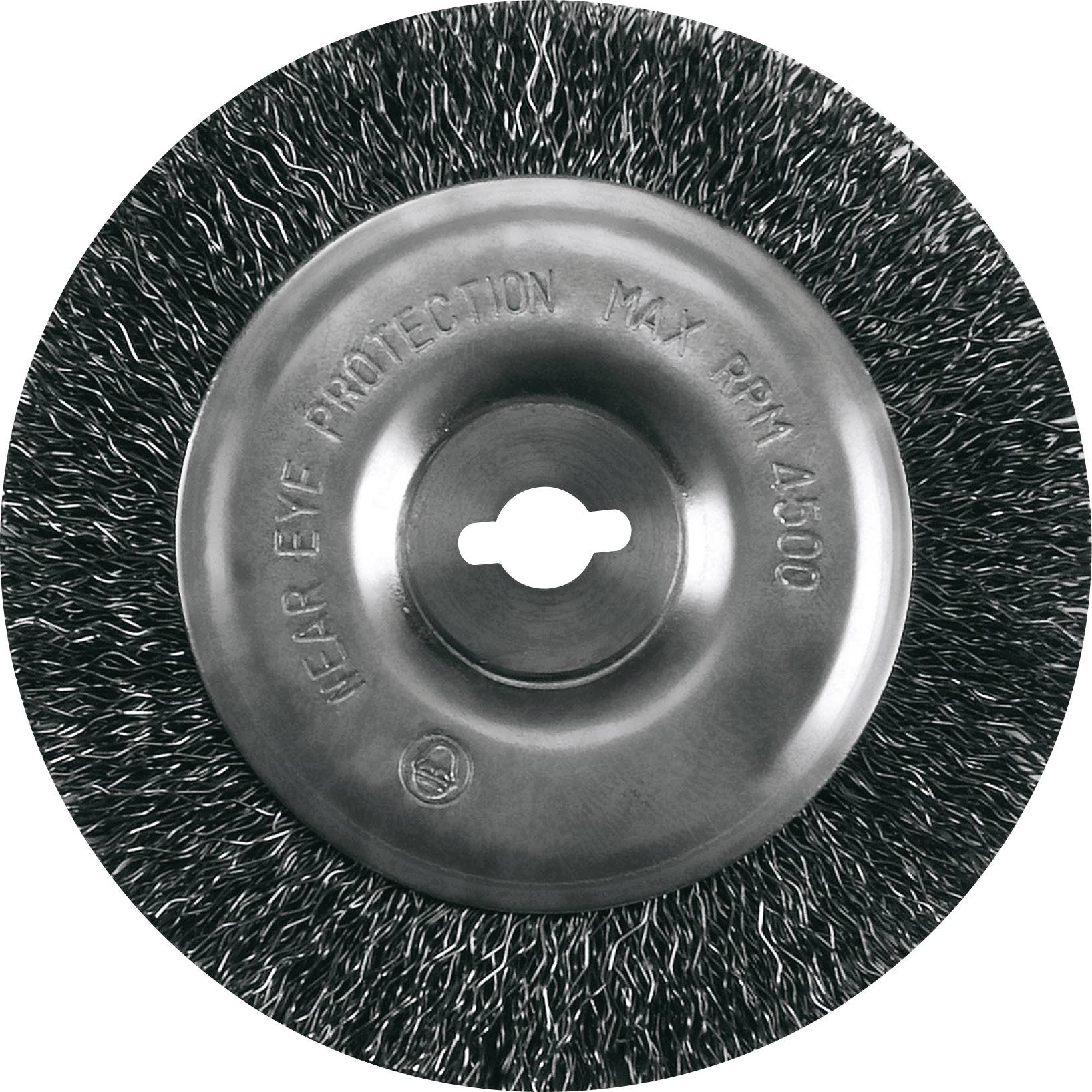 Round wire brush with metal attachment, marked with 'Wear eye protection' and 'Max RPM 4500'. Suitable for cleaning work.