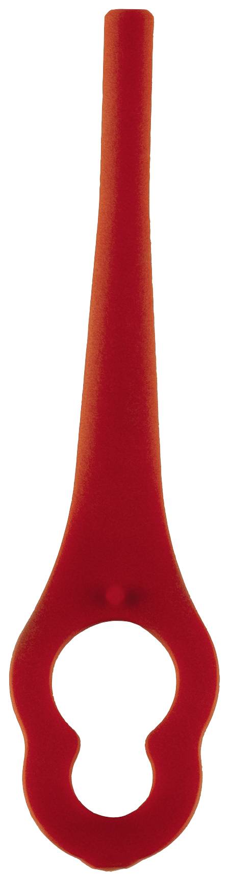 A red plastic bottle opener with a round handle and a bottle-shaped opening.