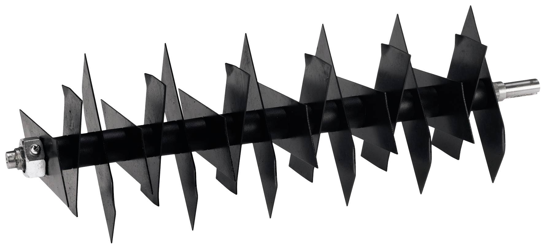 Black garden tiller attachment with rotating blades for soil cultivation.