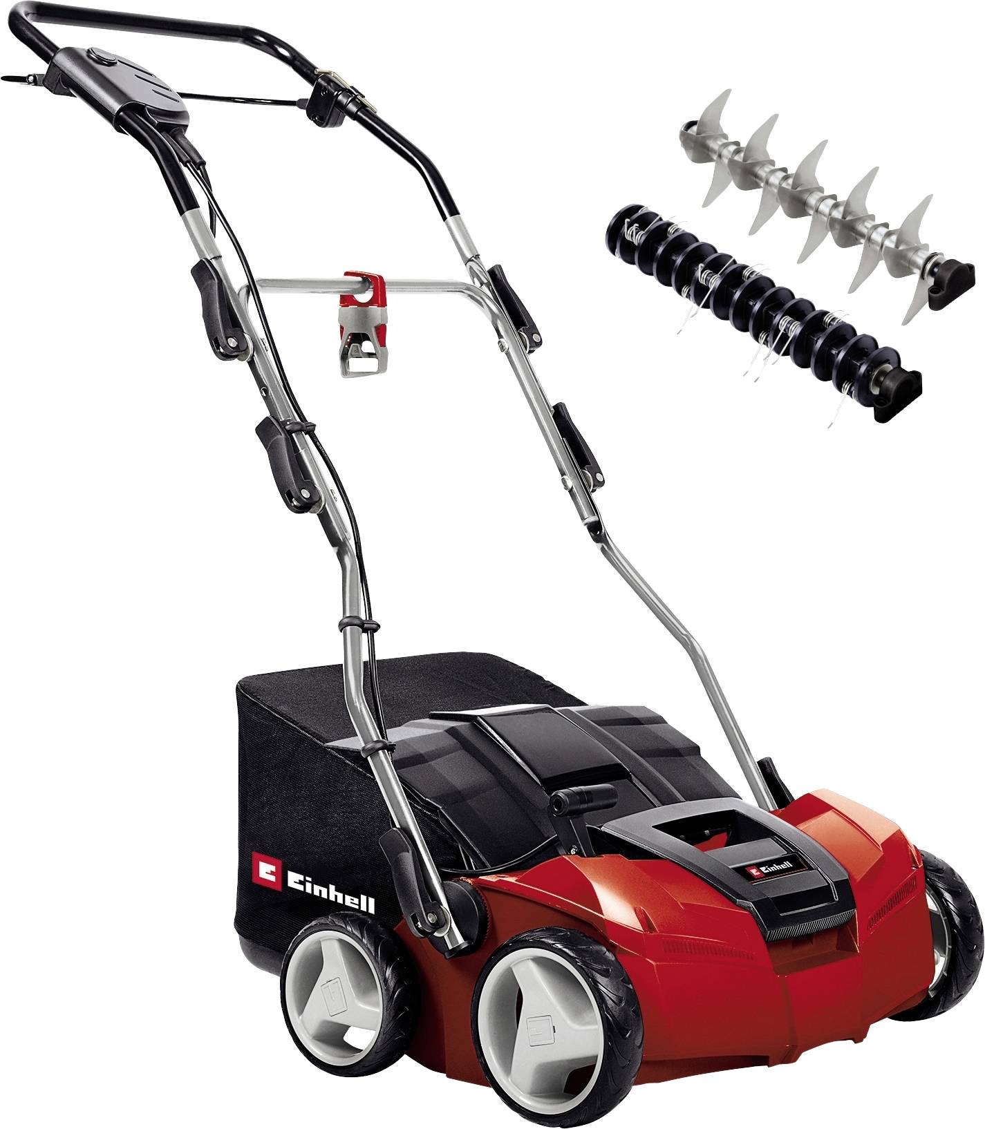 A red electric scarifier with collection box and interchangeable rollers. Suitable for aerating and scarifying lawn areas.