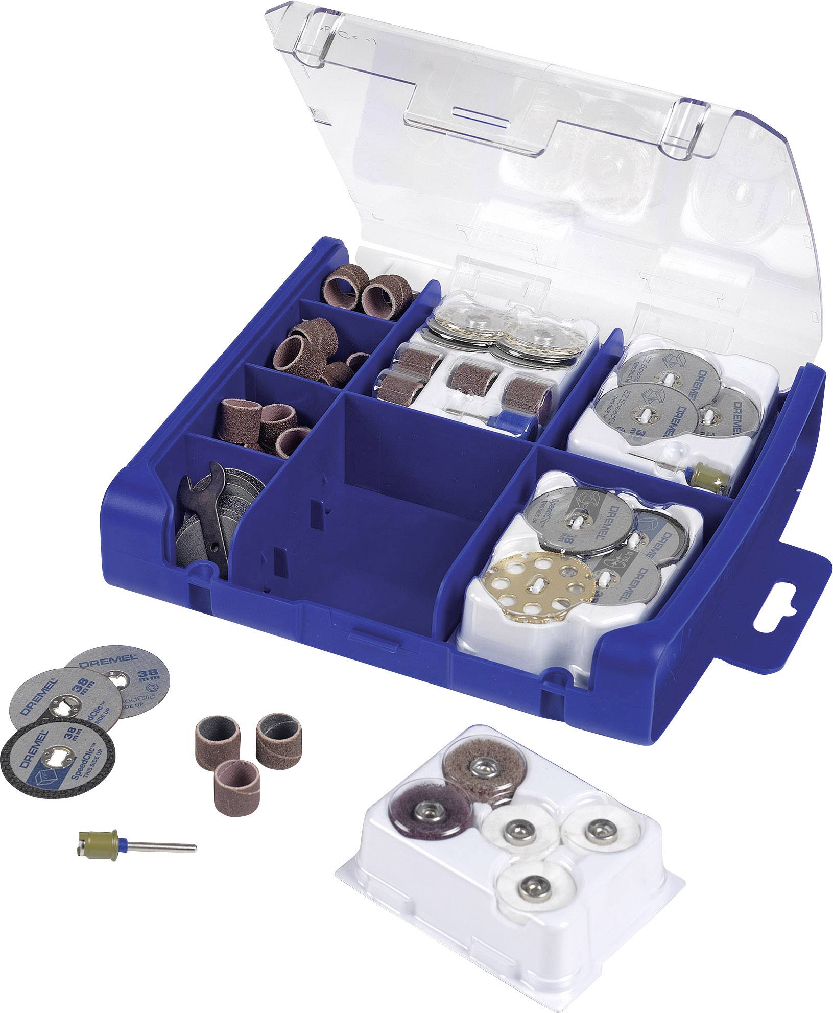 A blue toolbox with various attachments and grinding accessories, including grinding discs and sanding bands.