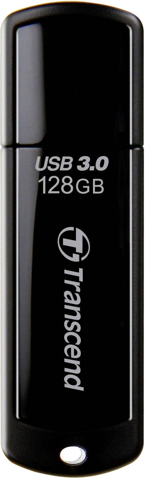 Black USB stick with 'USB 3.0 128GB' inscription and 'Transcend' logo.