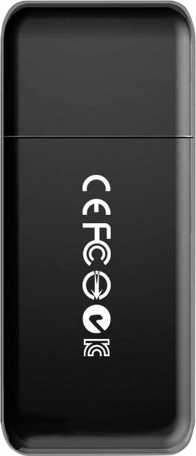 Black USB device with white symbols and markings on the front.